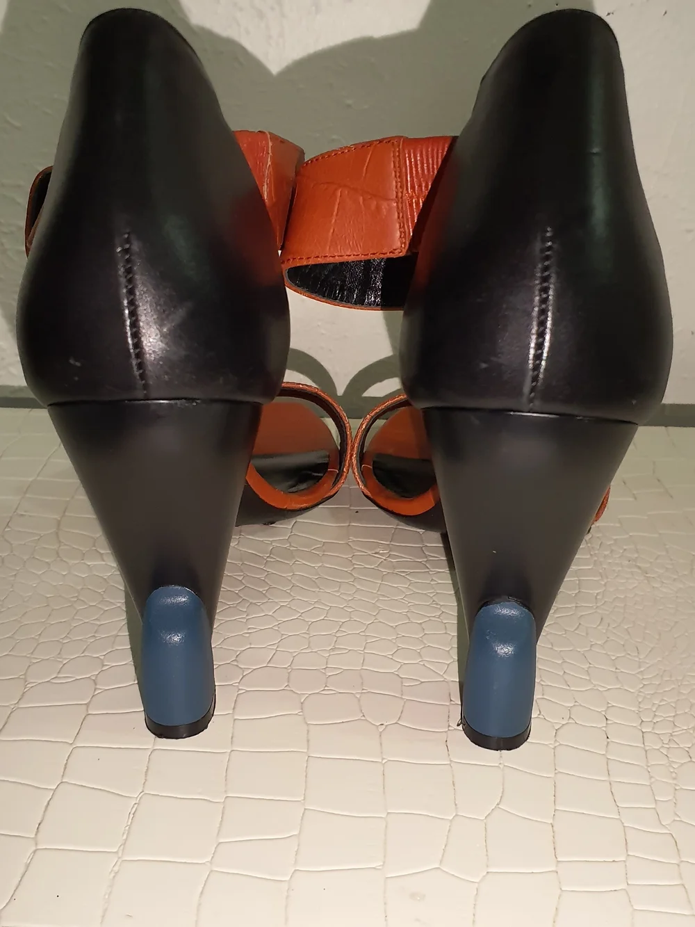 Balenciaga Orange and Black Block Heel Sandals with Blue Accent